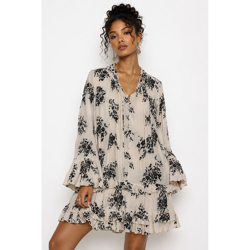 RO&DE Women Cream Black Floral Tiered Ruffle Mini Dress Boho Bell Sleeve L